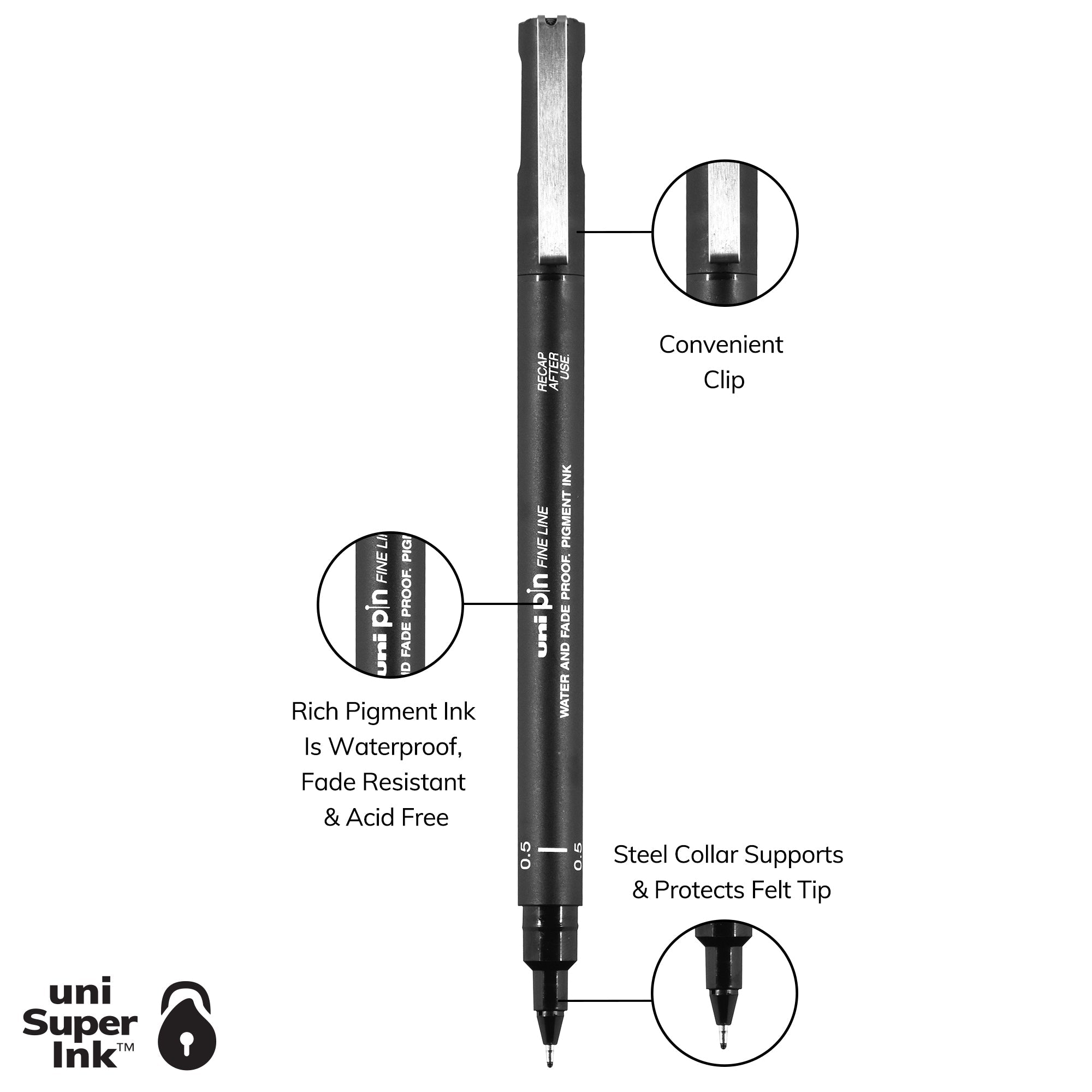 uni® Pin, Fineliner Black Drawing Pens, Assorted Tips, 6 Count