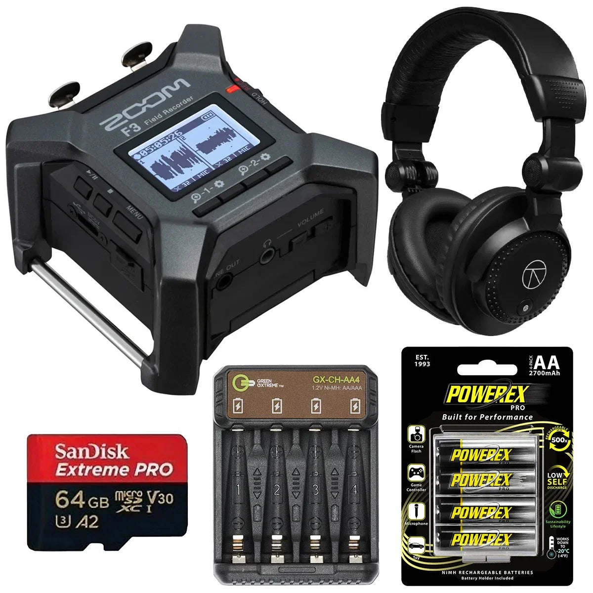 Zoom F3 2-Channel/2-Track Field Recorder, Bundle with 64GB Memory Card, TAPH100