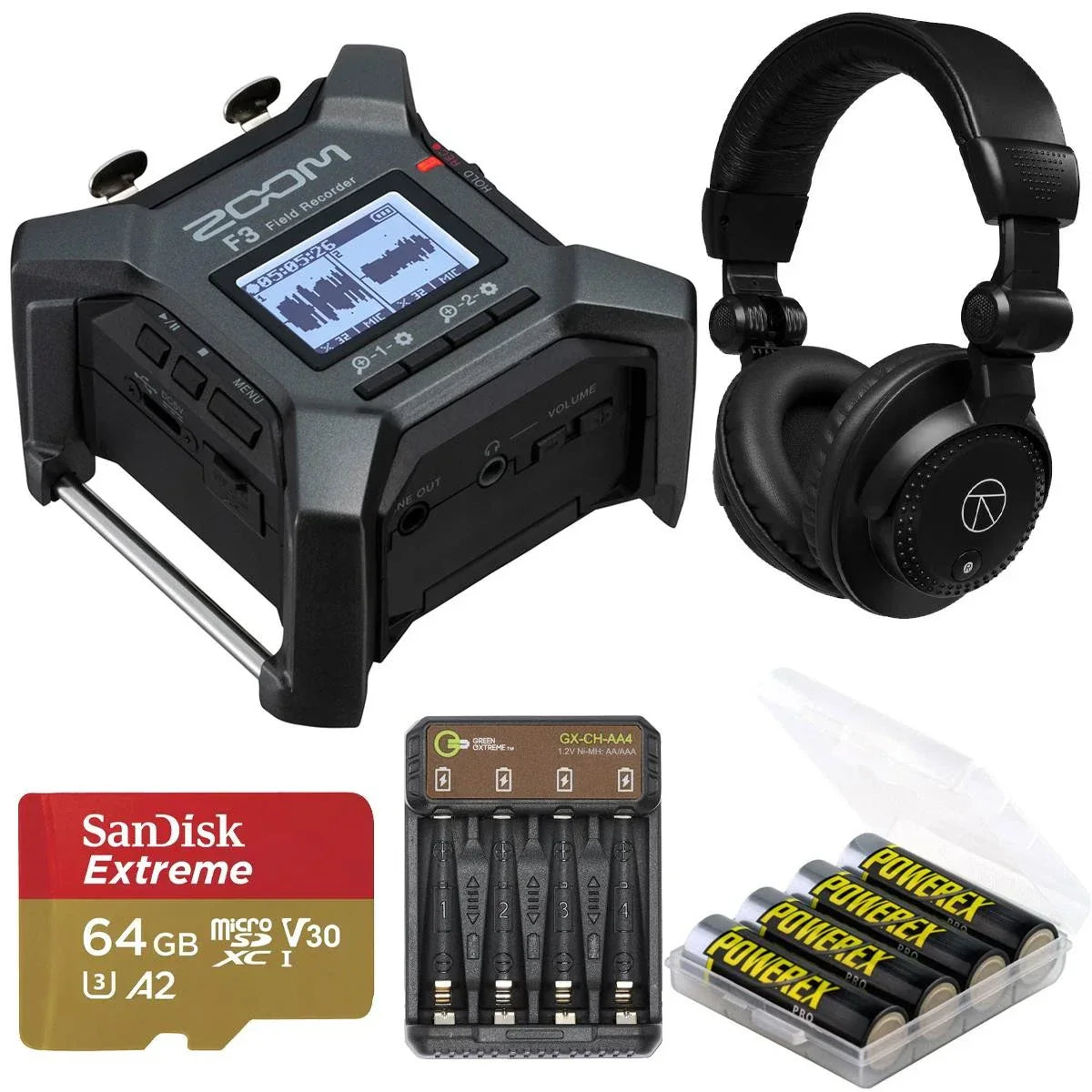 Zoom F3 2-Channel/2-Track Field Recorder, Bundle with 64GB Memory Card, TAPH100